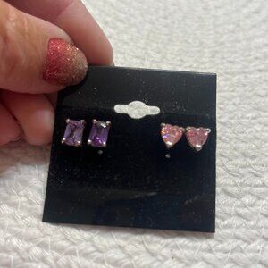 Vintage AVON AMETHYST & PINK Rhinestone Silver Tone Stud Pierced Earrings #711D